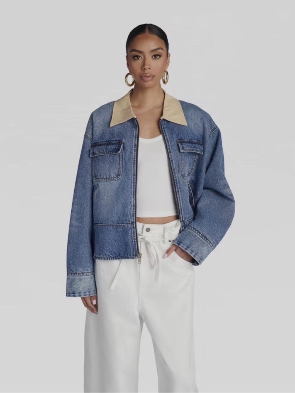 KBB Blue Denim Carpenter Jacket with Contrast Cream Collar